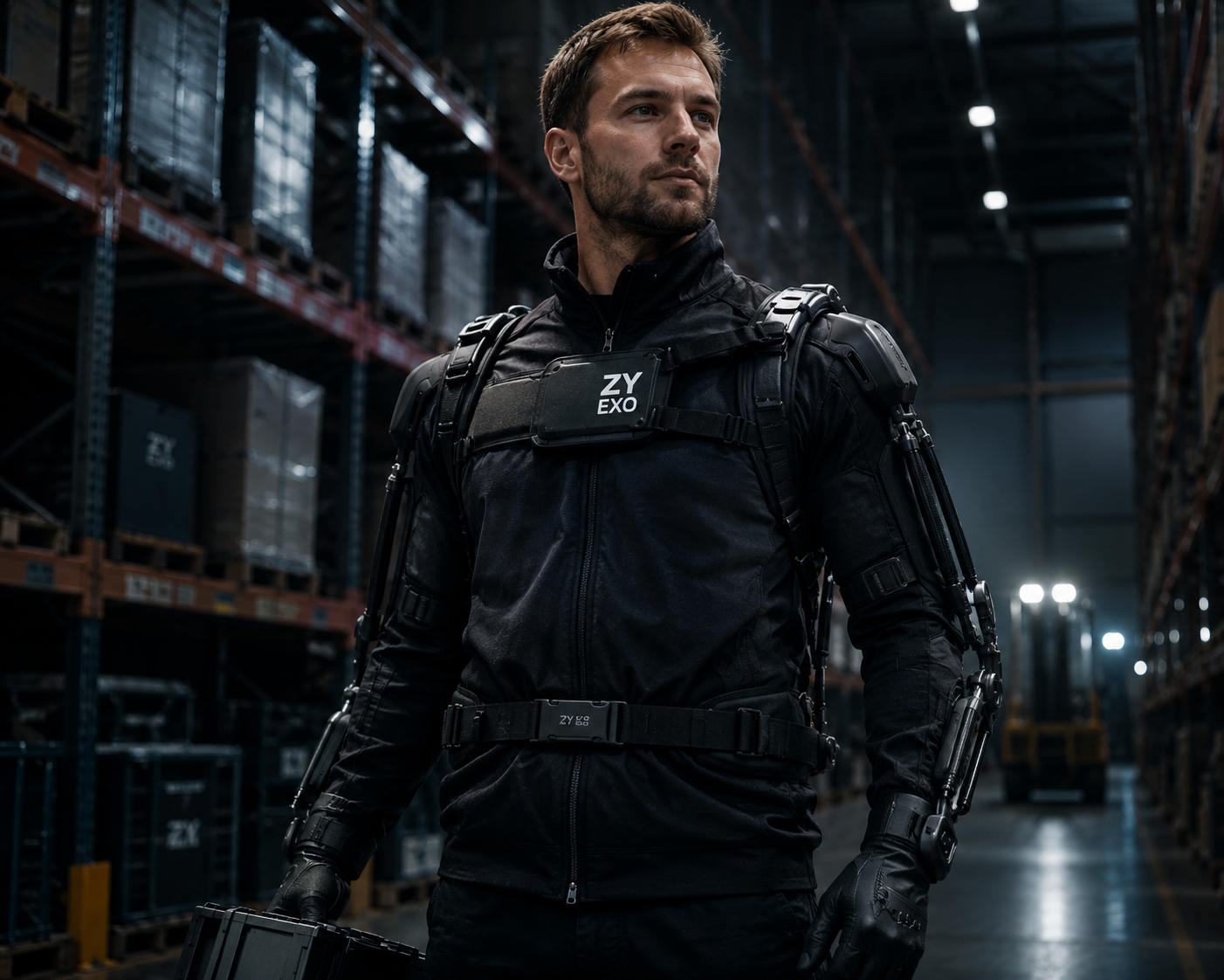 Operator wearing the ZYEXO upper limb exoskeleton in a warehouse